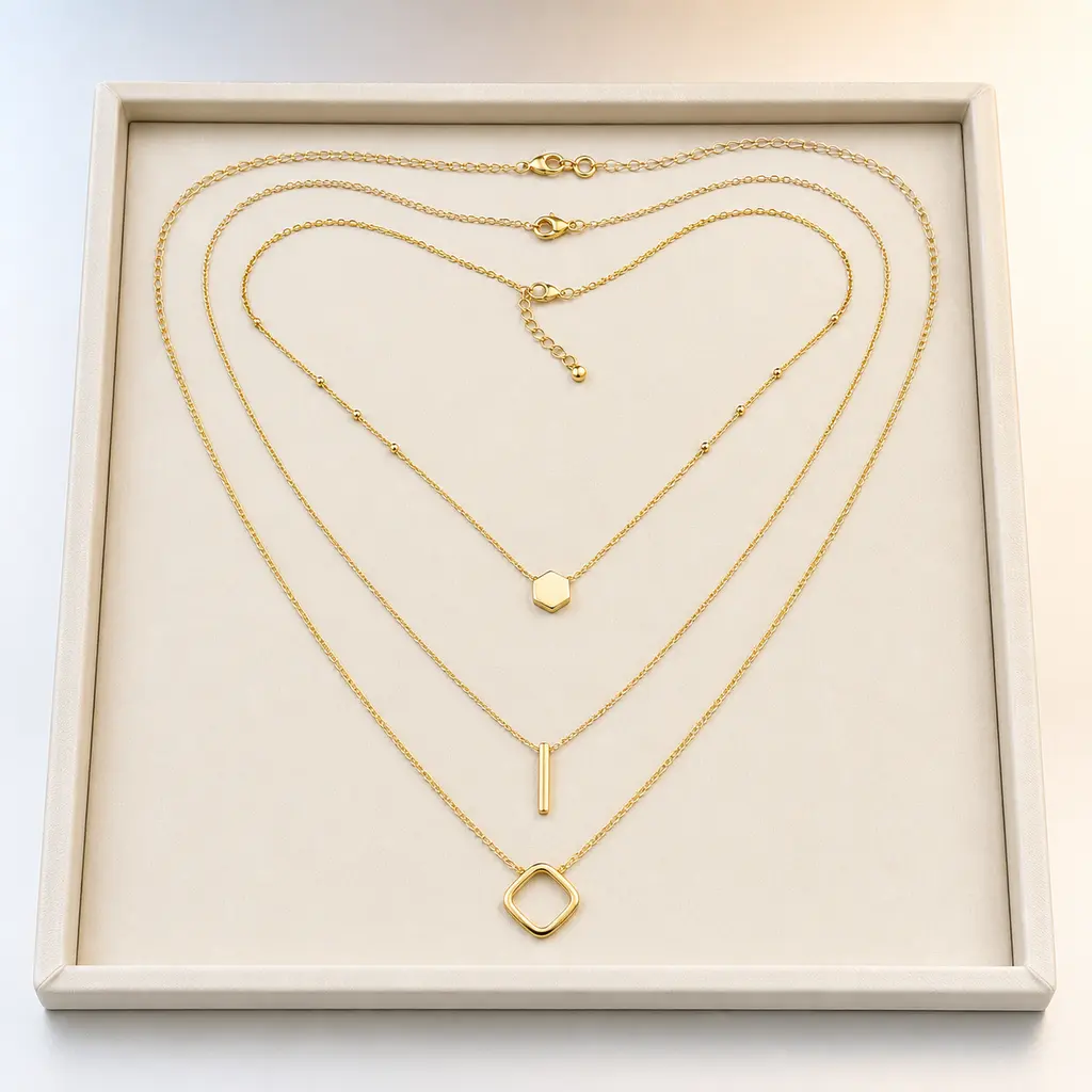Three focus-stacked layered gold necklaces arranged in a cream jewelry tray inside a bright lightbox