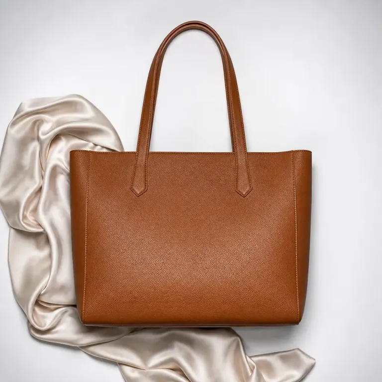 Cognac leather tote bag with pale silk arranged in a vertical flat lay on a light gray gradient