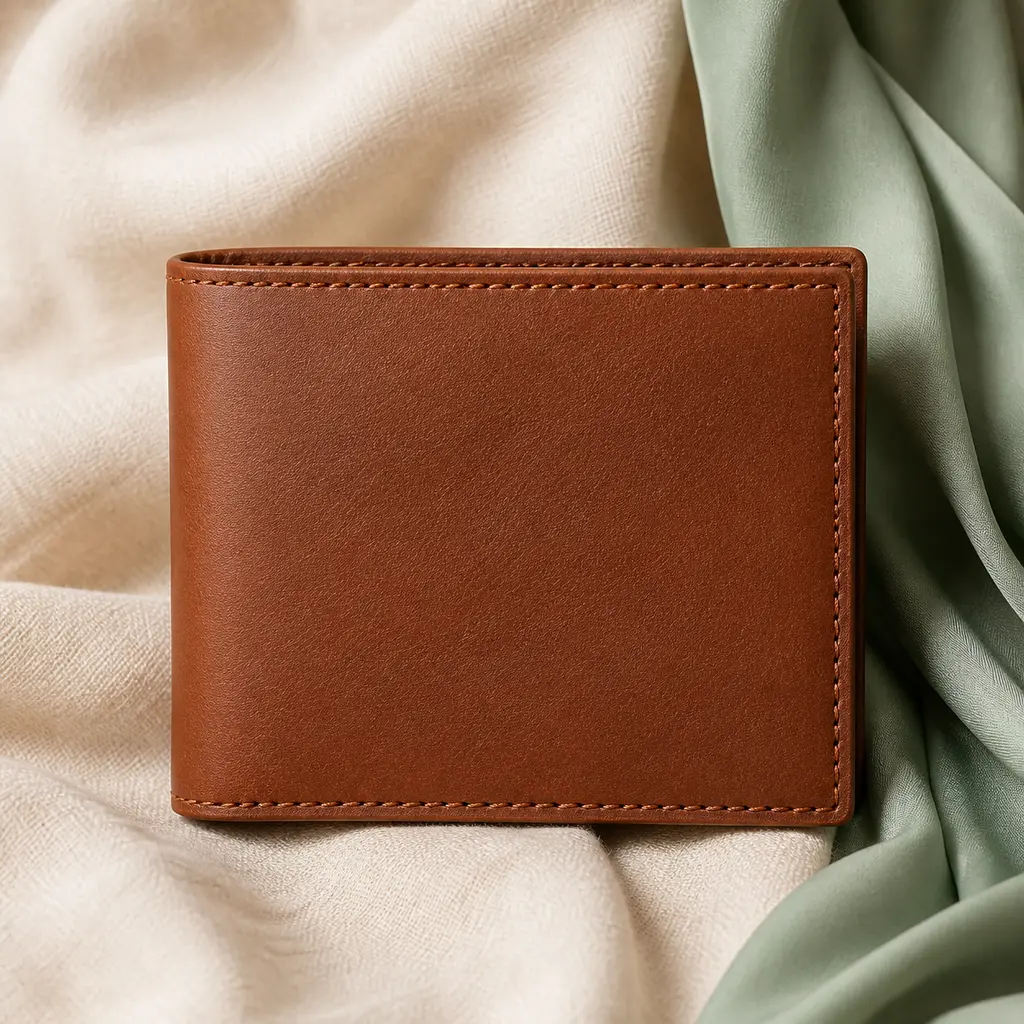 Cognac leather bifold wallet with sharp stitching on cream linen and muted sage fabric