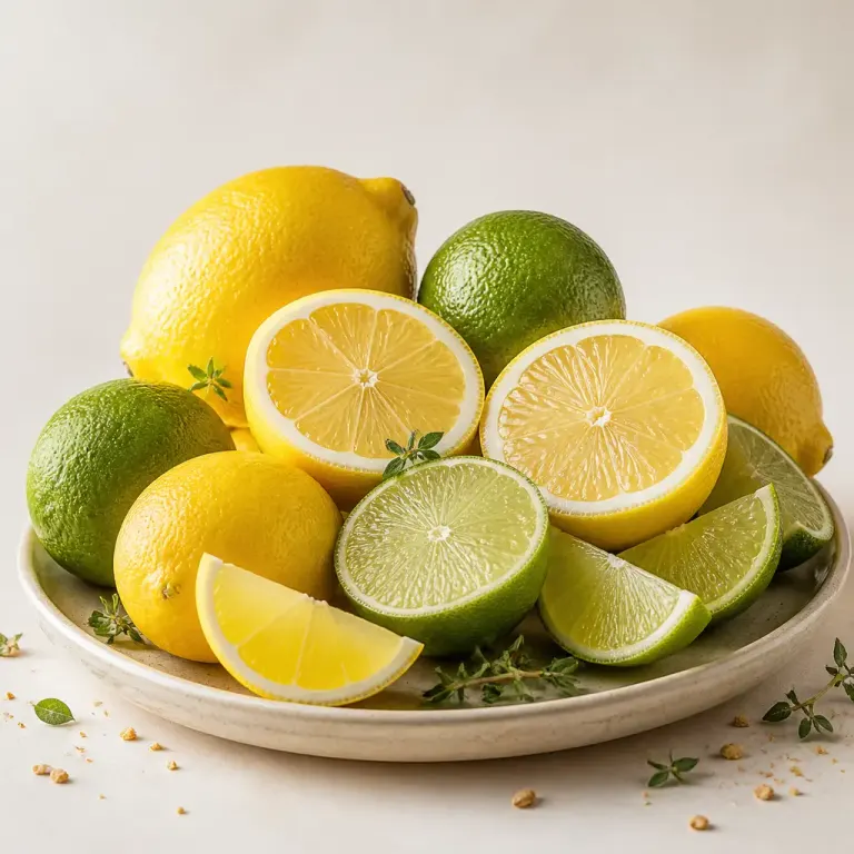 Whole and sliced lemons and limes glowing in backlight on a beige ceramic plate with thyme and crumbs