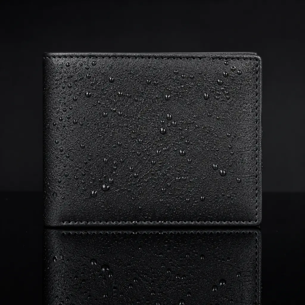 Matte black leather wallet with water droplets and a sharp reflection on black acrylic