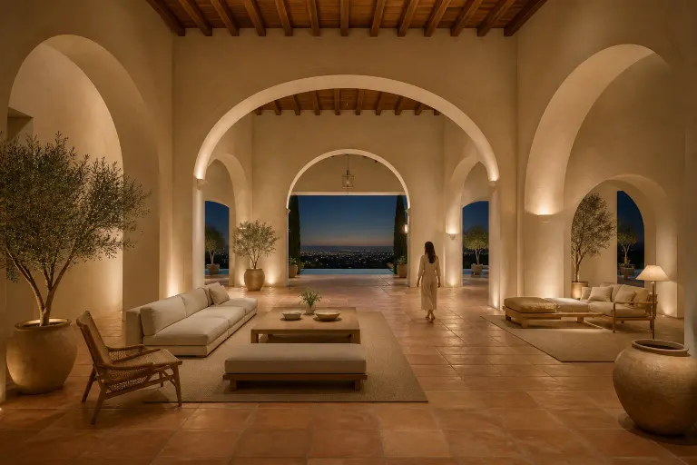 Vast Mediterranean living hall with illuminated plaster arches, two seating areas, city lights, and a woman walking across the rug