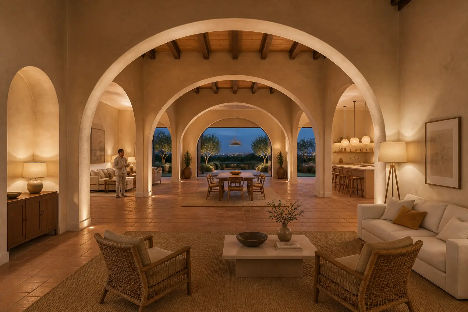 Symmetric Mediterranean open-plan living room, dining area, and kitchen with repeating plaster arches, terracotta floor, courtyard view, and a man holding coffee