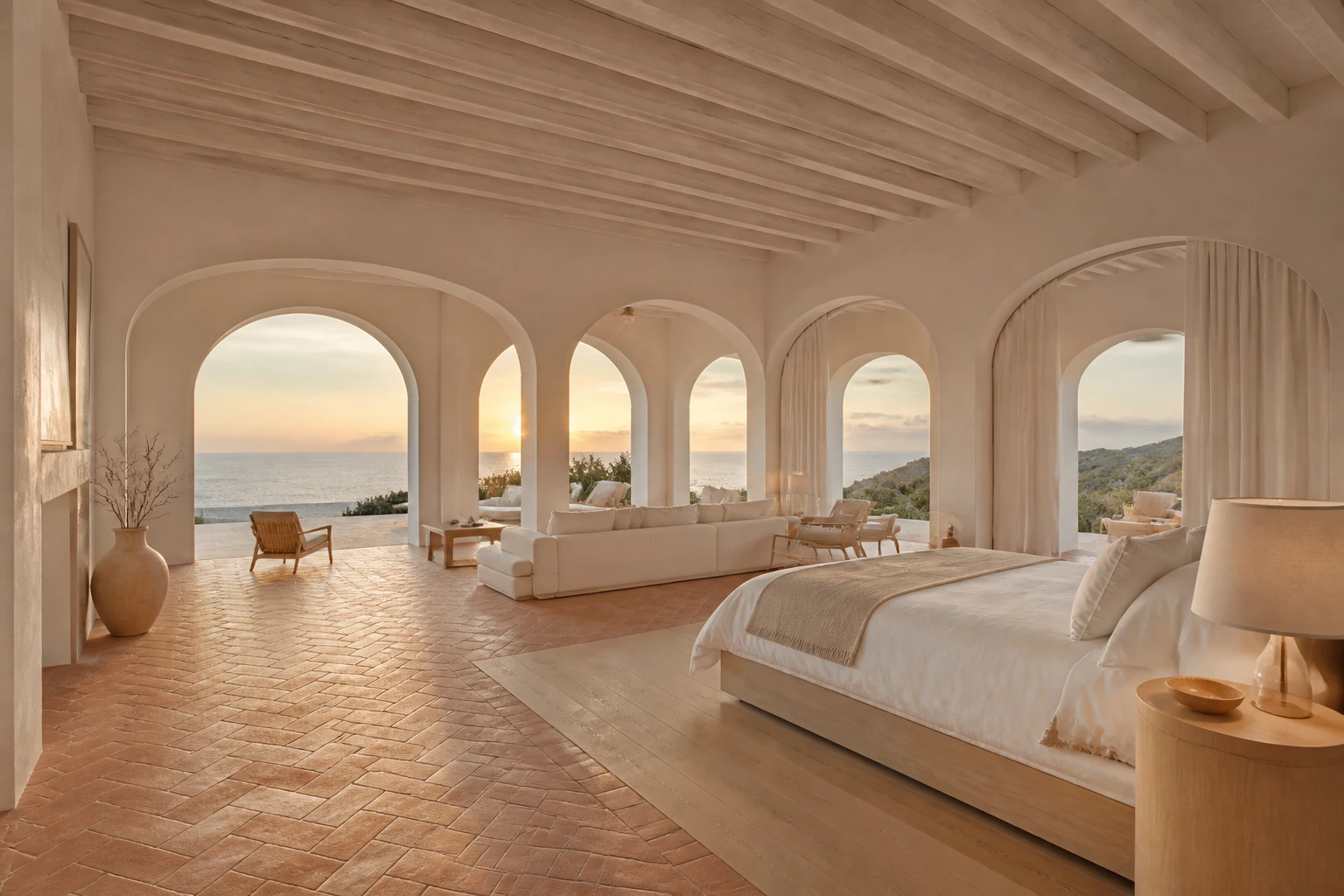Unoccupied Mediterranean clifftop bedroom suite with repeated arches, terracotta floor, white linen, lounge seating, and sea horizon at golden hour