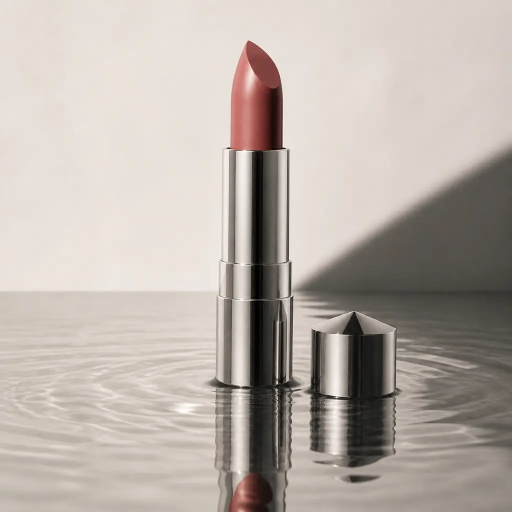 Reflective metal lipstick standing in shallow rippled water beside a small metal prop under a hard spotlight