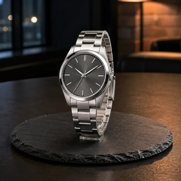 Unbranded stainless steel wristwatch displayed on a black slate plate in mixed evening light