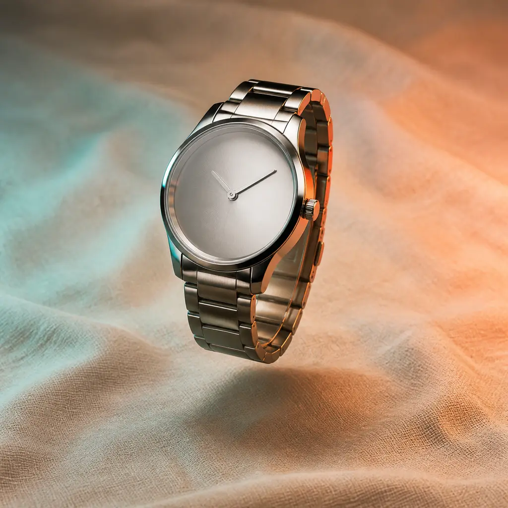 Brandless metal wristwatch hovering above wrinkled linen under teal and orange gel lights
