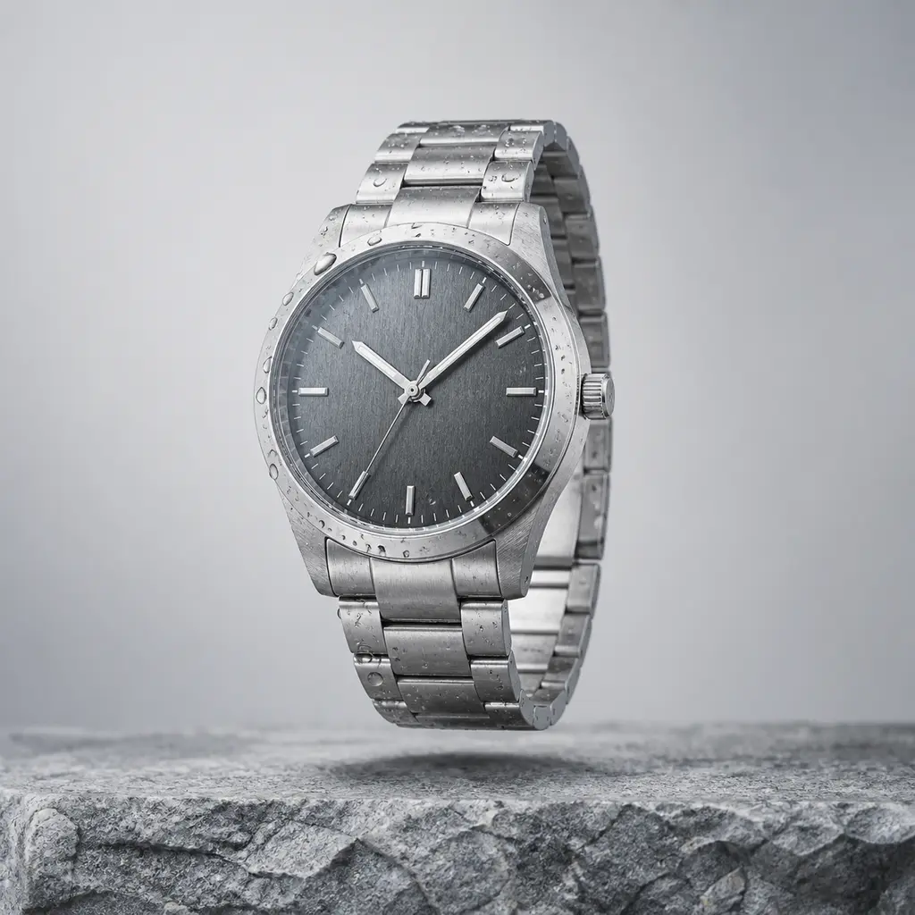 Silver wristwatch with condensation floating above a rough cool-gray stone slab and aligned shadow