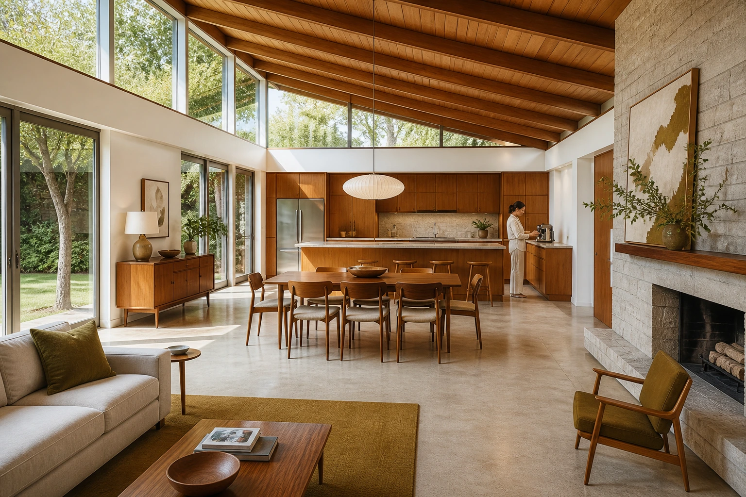 Spacious mid-century modern kitchen and dining room with teak cabinetry, clerestory windows, stone fireplace, and a woman making coffee