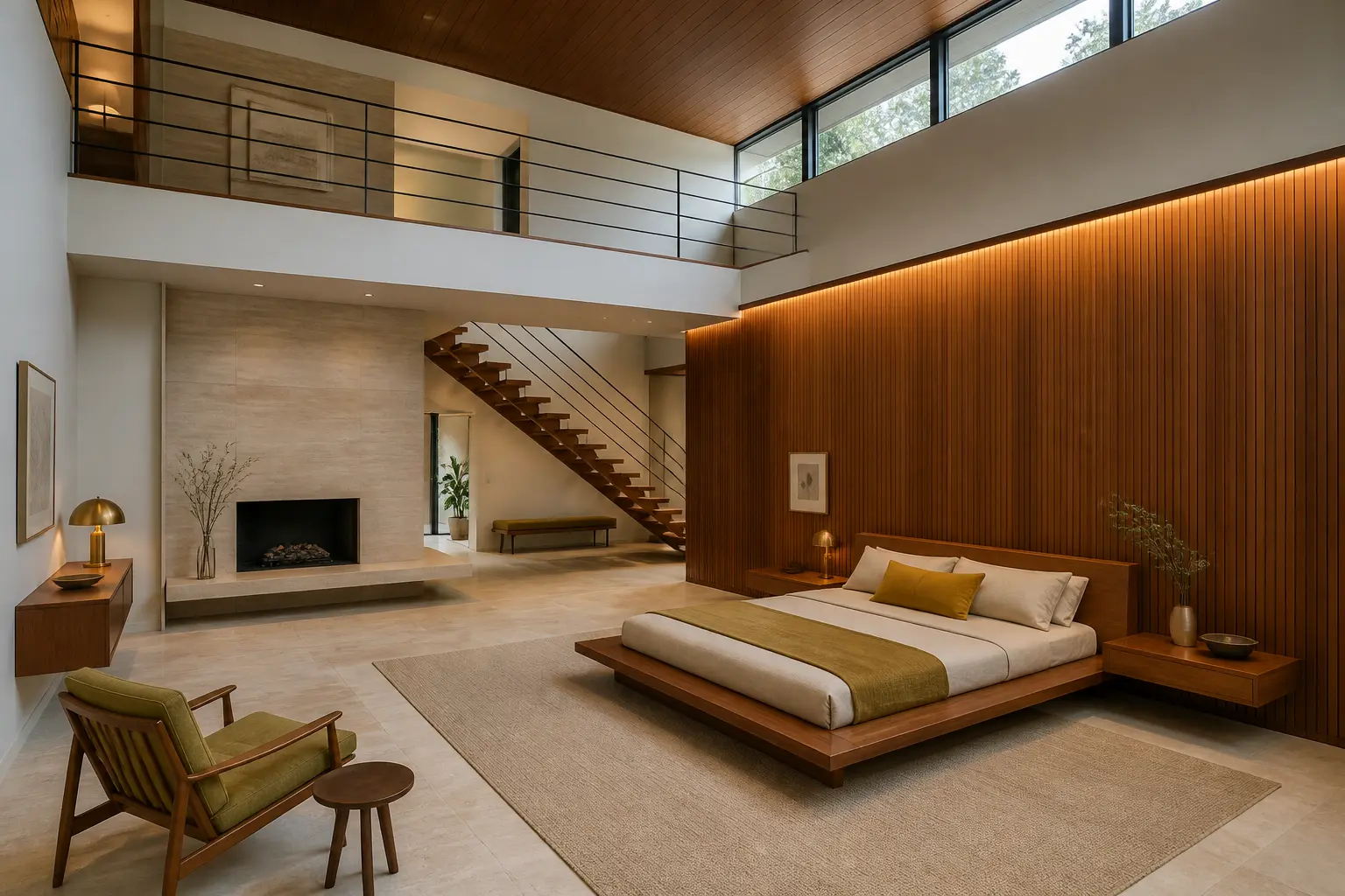 Double-height mid-century modern bedroom with teak slat wall, low platform bed, clerestory windows, fireplace, and mezzanine stair