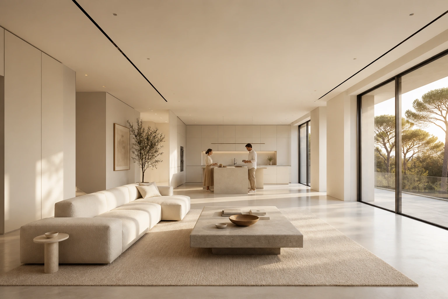 Minimal white open-plan living room facing a kitchen where two adults prepare coffee at golden hour
