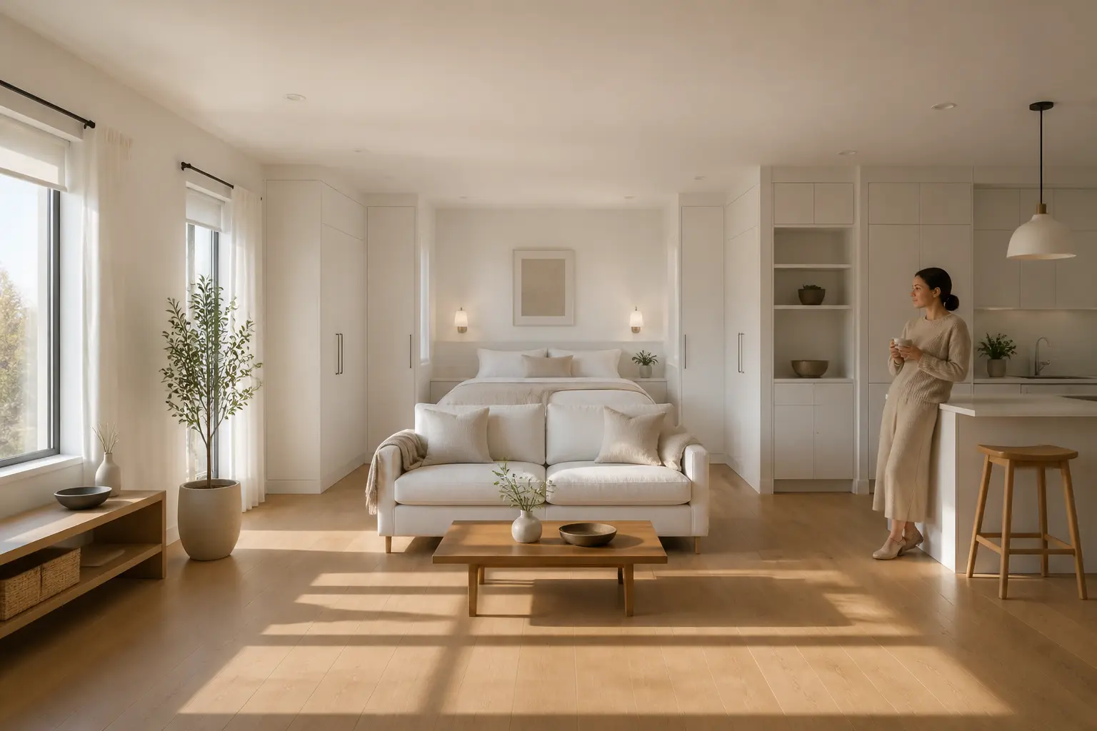 Compact minimal white studio bedroom with low sofa, centered bed, small kitchen island, and long window shadows
