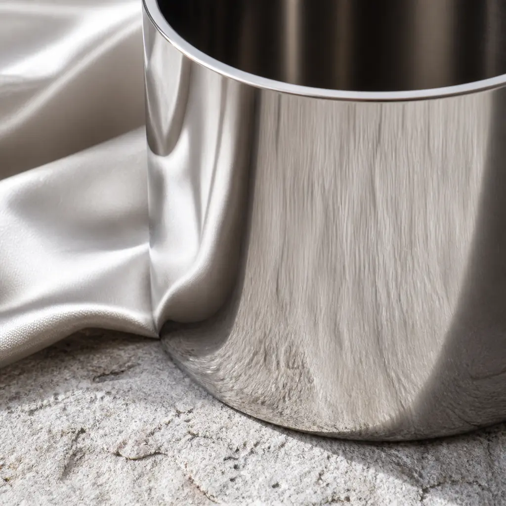 Extreme close-up of a mirror stainless steel tumbler reflecting pale silk on a rough light gray stone slab