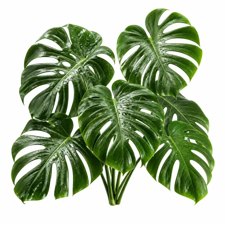 Wide cluster of glossy split monstera leaves with water droplets isolated against a pure white background