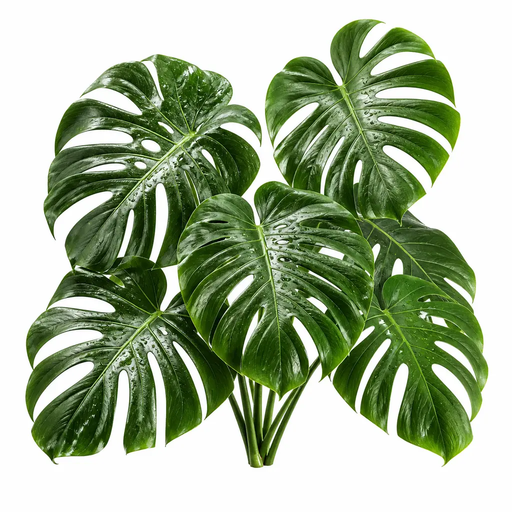 Wide cluster of glossy split monstera leaves with water droplets isolated against a pure white background