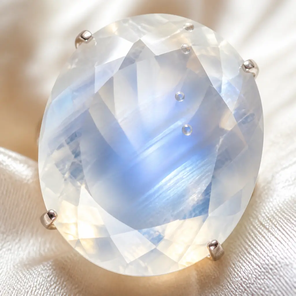 Extreme macro of a faceted moonstone with blue-white adularescence and tiny droplets on pale silk