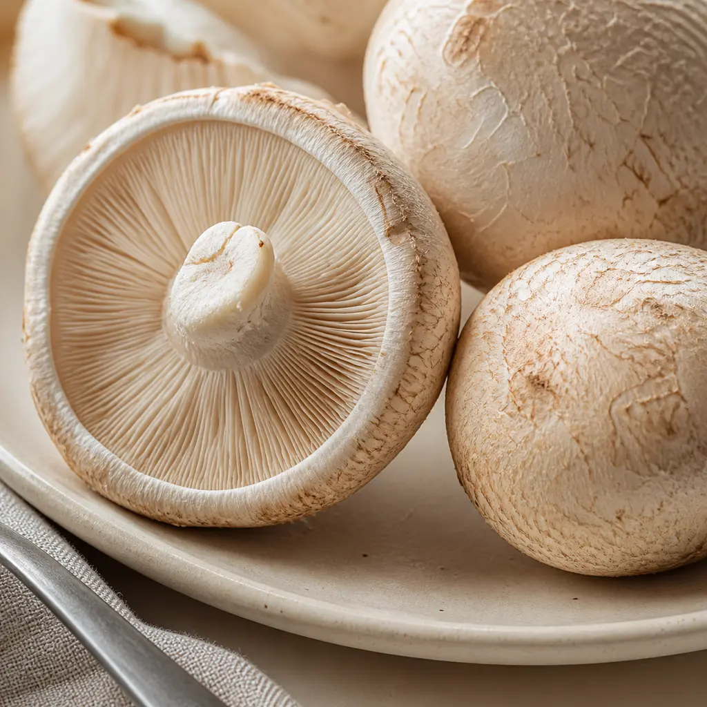 Macro close-up of fresh mushroom gills on a beige ceramic plate in cool morning light