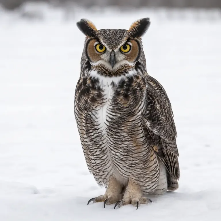 Full-body owl sitting on snow and looking directly at the camera