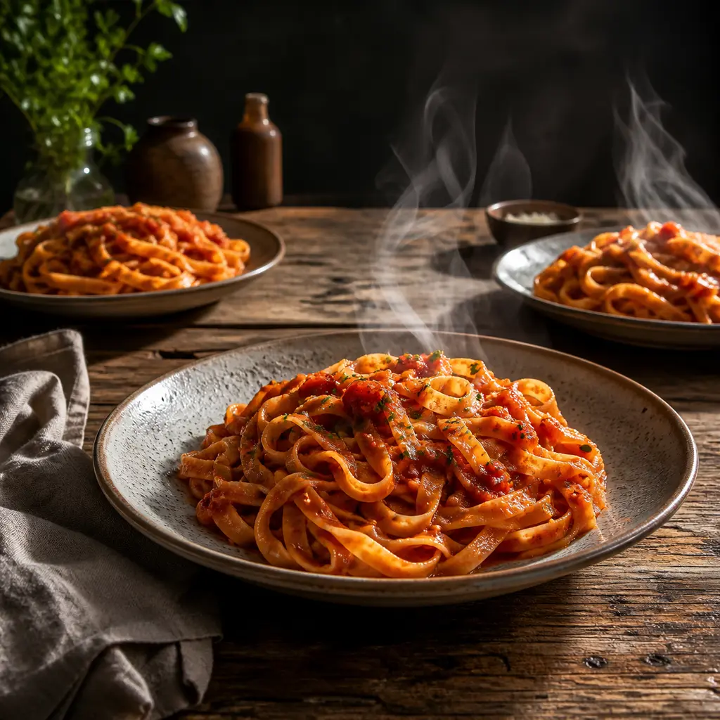 Steaming plates of tomato-coated tagliatelle pasta on a scratched weathered wood table under dramatic side light