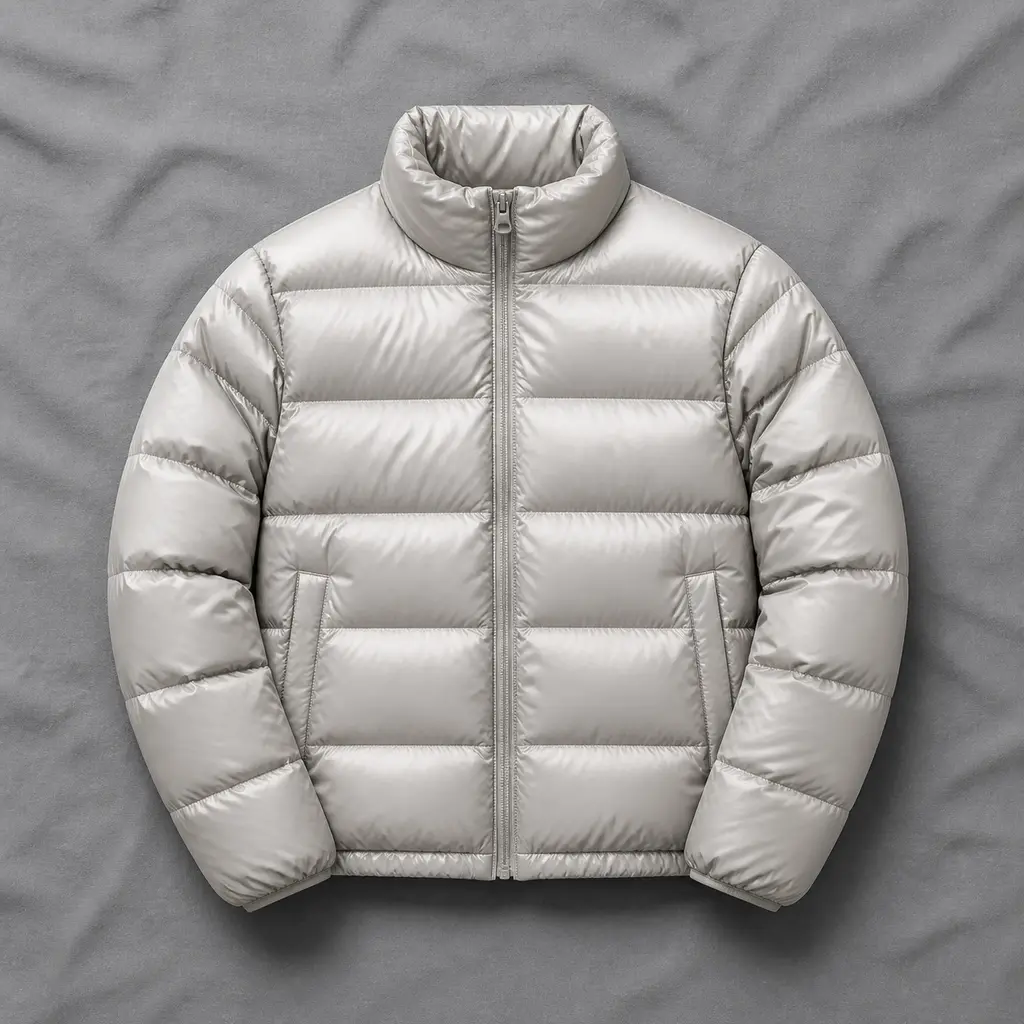Light stone-gray quilted puffer jacket arranged symmetrically on softly wrinkled gray fabric