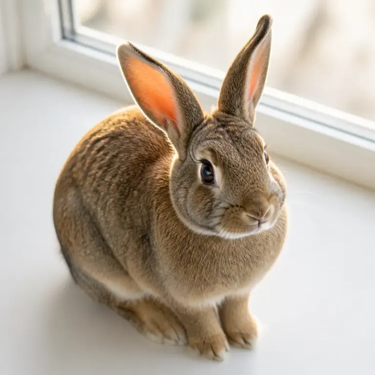 Soft brown rabbit photographed from above beside a bright window with glowing rim light around its fur and ears