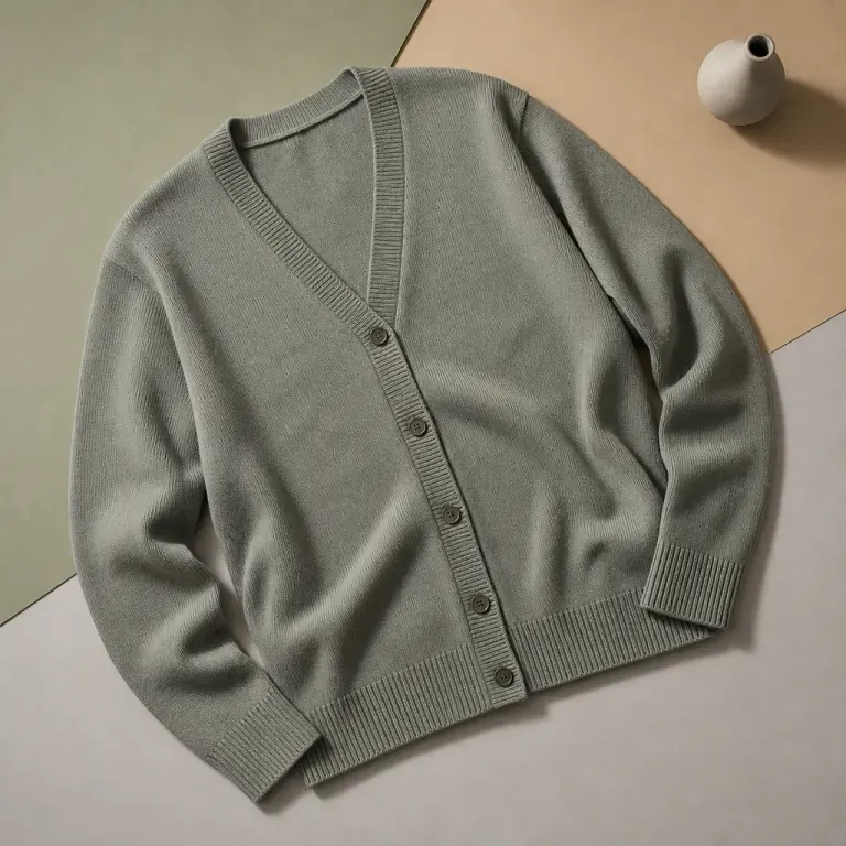 Sage knit button cardigan arranged diagonally on muted sage, sand, and pale gray papers