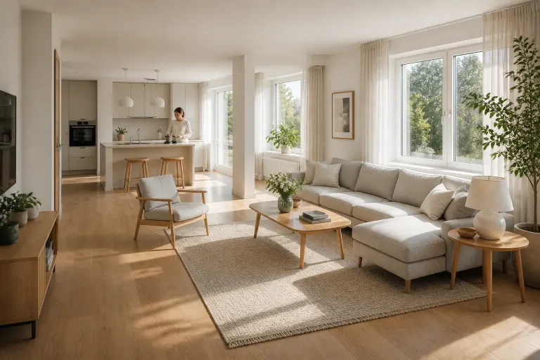 Bright Scandinavian apartment living room with light-gray seating, pale oak furniture, and an adult preparing coffee in the background