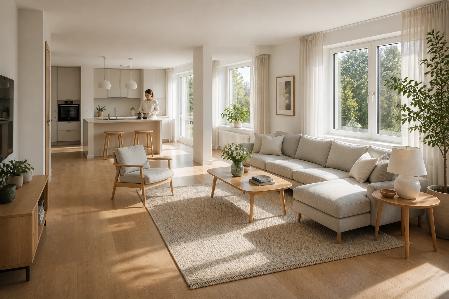 Bright Scandinavian apartment living room with light-gray seating, pale oak furniture, and an adult preparing coffee in the background