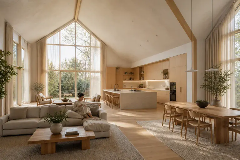 Palatial Scandinavian kitchen and dining hall with a woman holding tea beneath a soaring gabled ceiling