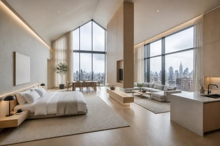 Five-meter-high Scandinavian penthouse bedroom suite with city windows and open living, dining, and kitchen zones