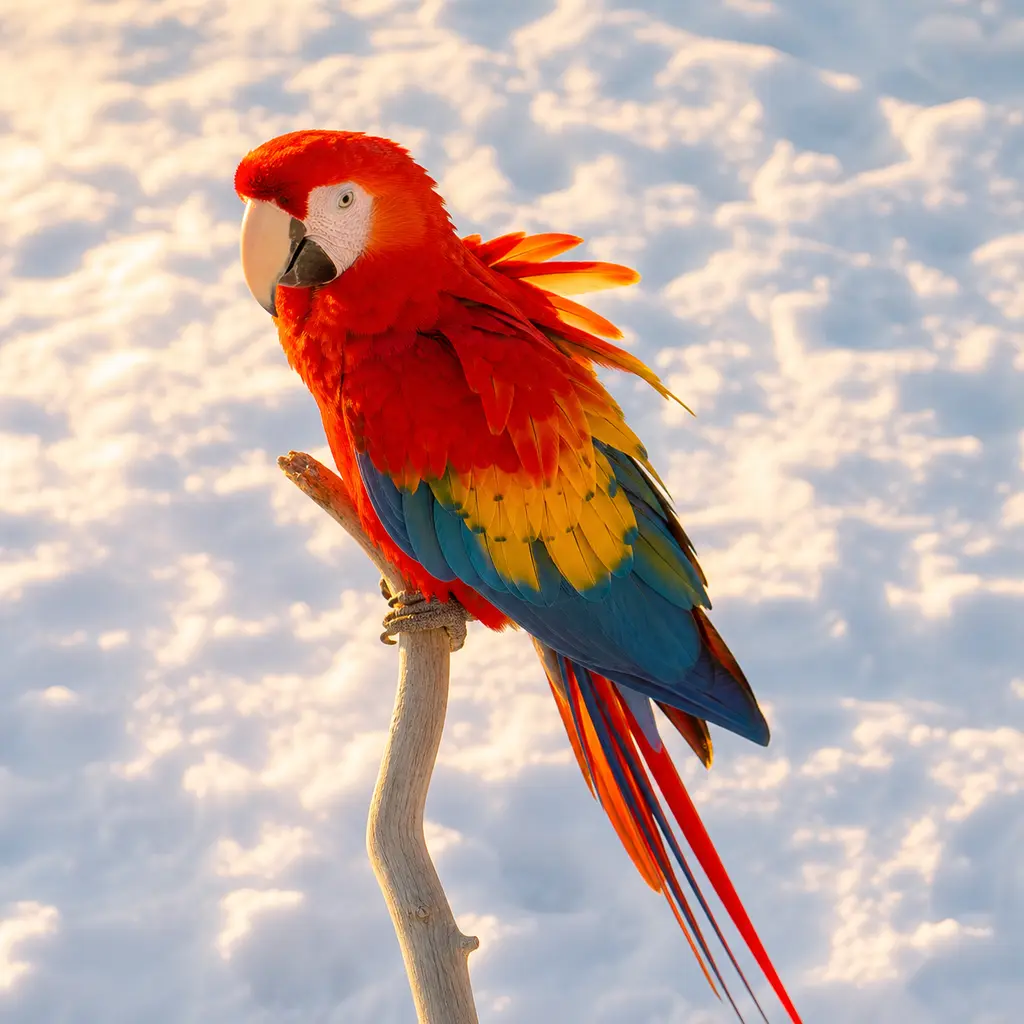 Adult scarlet macaw with wind-lifted feathers above softly blurred snow in golden-hour light