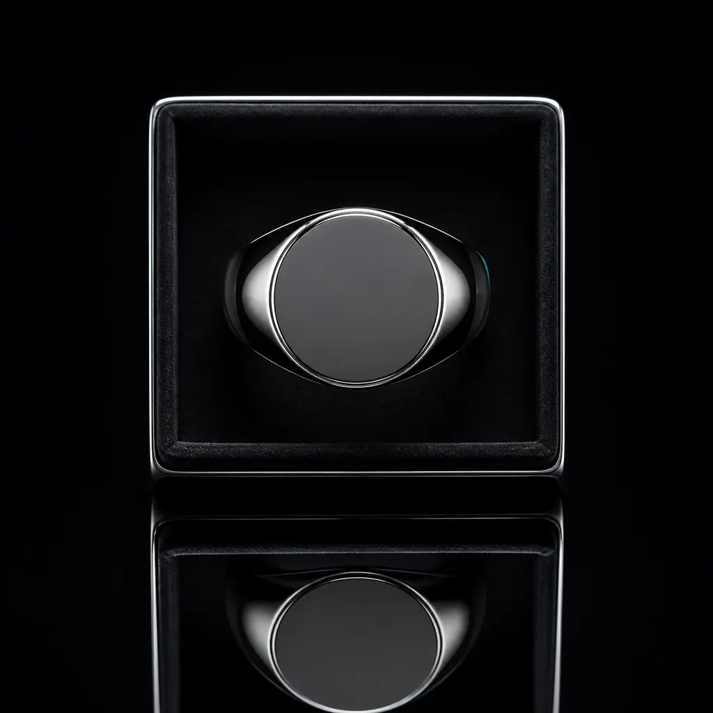 Top-down dark-field photograph of a blank black signet ring in a tray with a symmetrical mirror reflection
