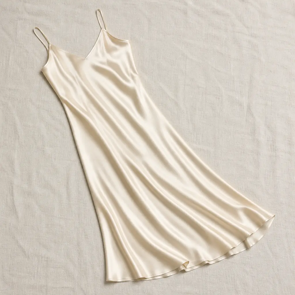 Champagne ivory silk slip dress arranged diagonally on cream linen under side softbox lighting