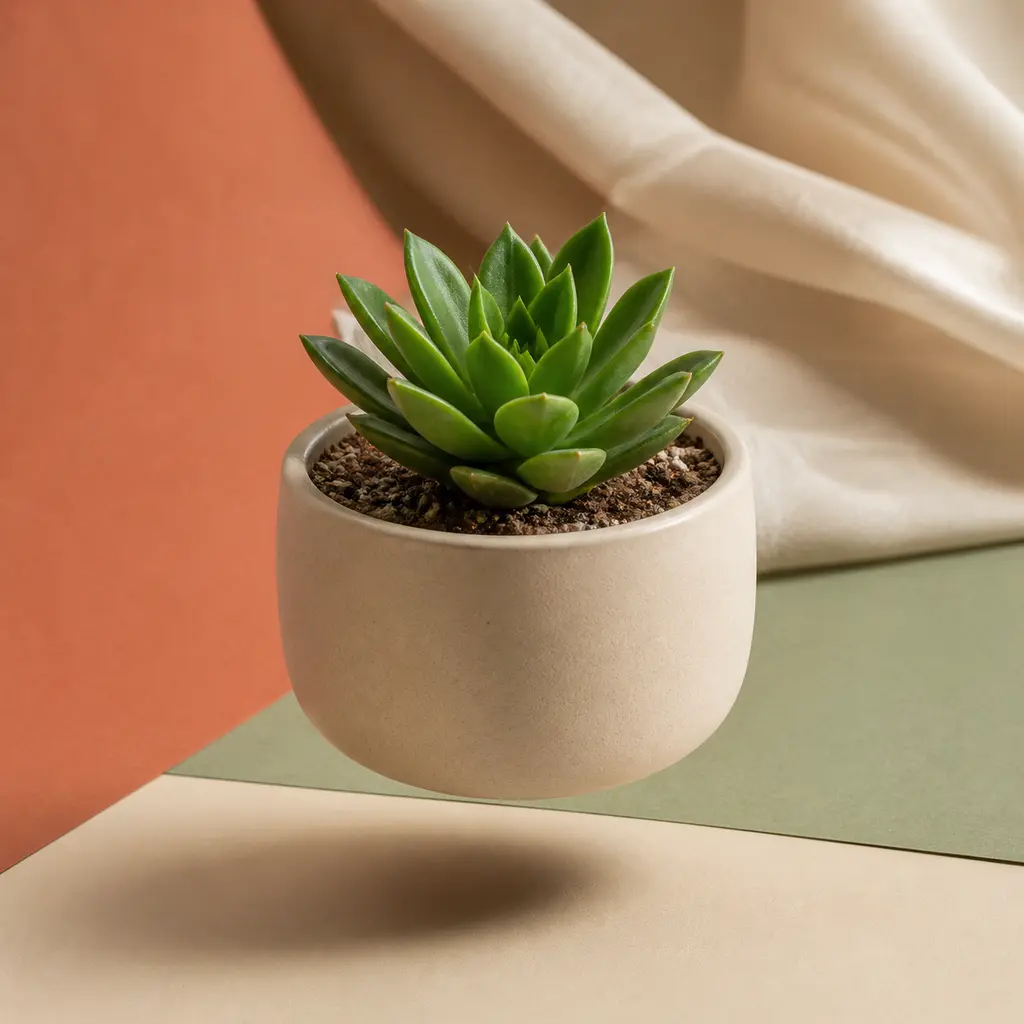 Small succulent in a floating matte ceramic planter above muted terracotta sage and cream paper