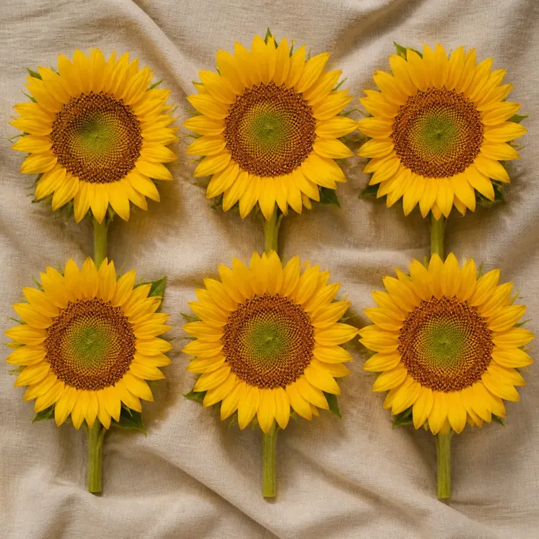 Six sunflowers arranged in a top-down grid on softly crumpled oatmeal linen