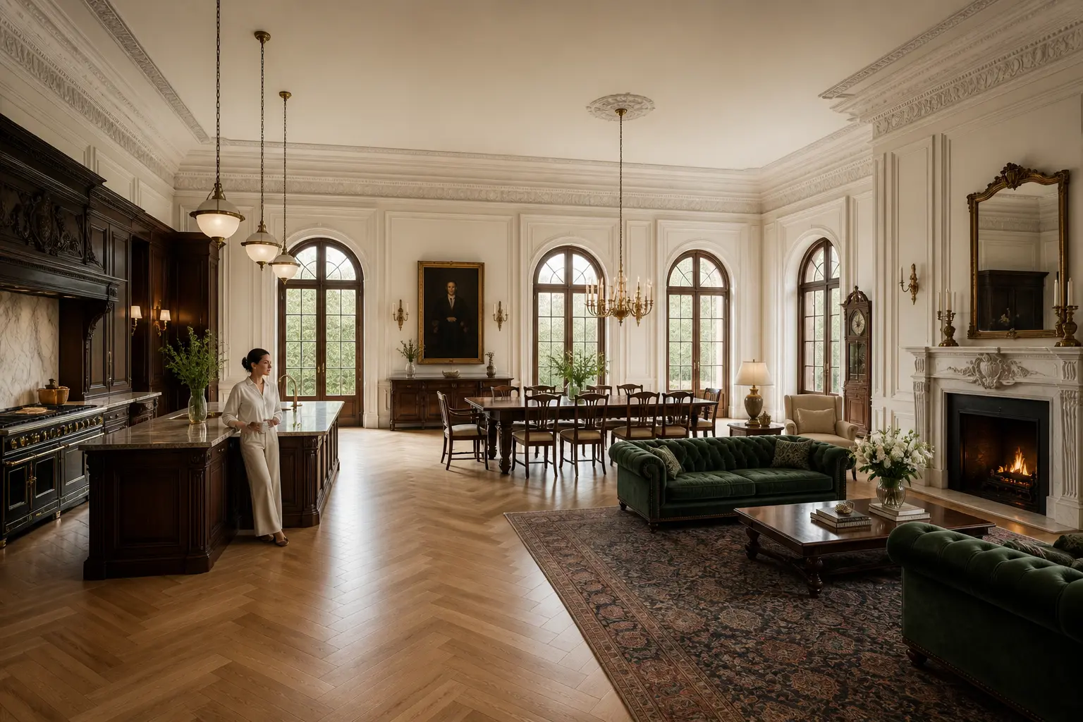 Grand vintage classic kitchen and dining hall with mahogany cabinetry, green velvet seating, and a woman standing small beside the island