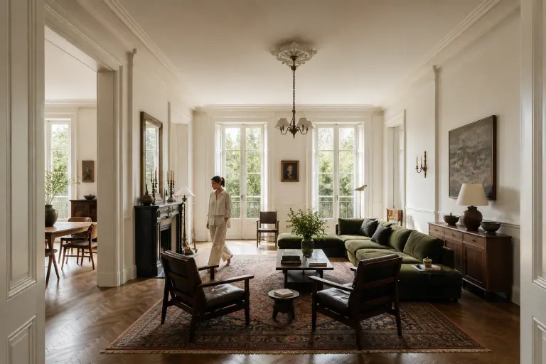 Large vintage classic living room with a deep green velvet sofa and a woman walking across a patterned rug