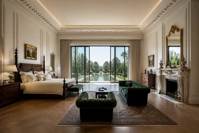 Grand vintage classic bedroom with green velvet Chesterfield seating, marble fireplace and doors opening to a reflecting garden pool