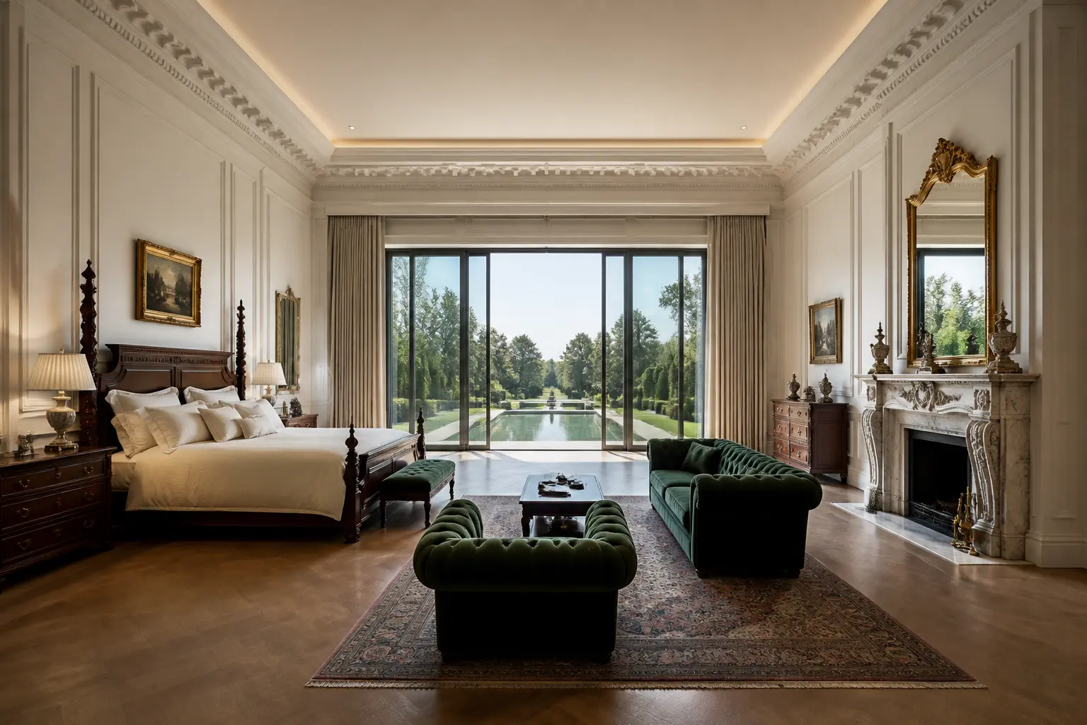 Grand vintage classic bedroom with green velvet Chesterfield seating, marble fireplace and doors opening to a reflecting garden pool