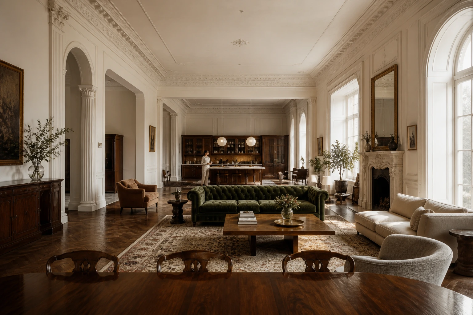 Grand vintage-classic open-plan living room with green velvet seating, marble fireplace, and a woman at the distant kitchen island
