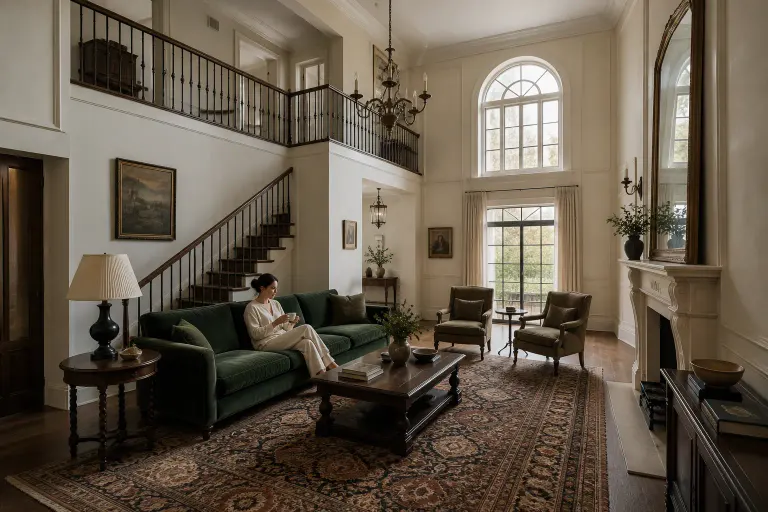 Double-height vintage classic living room with a deep green velvet sofa and a woman holding a teacup