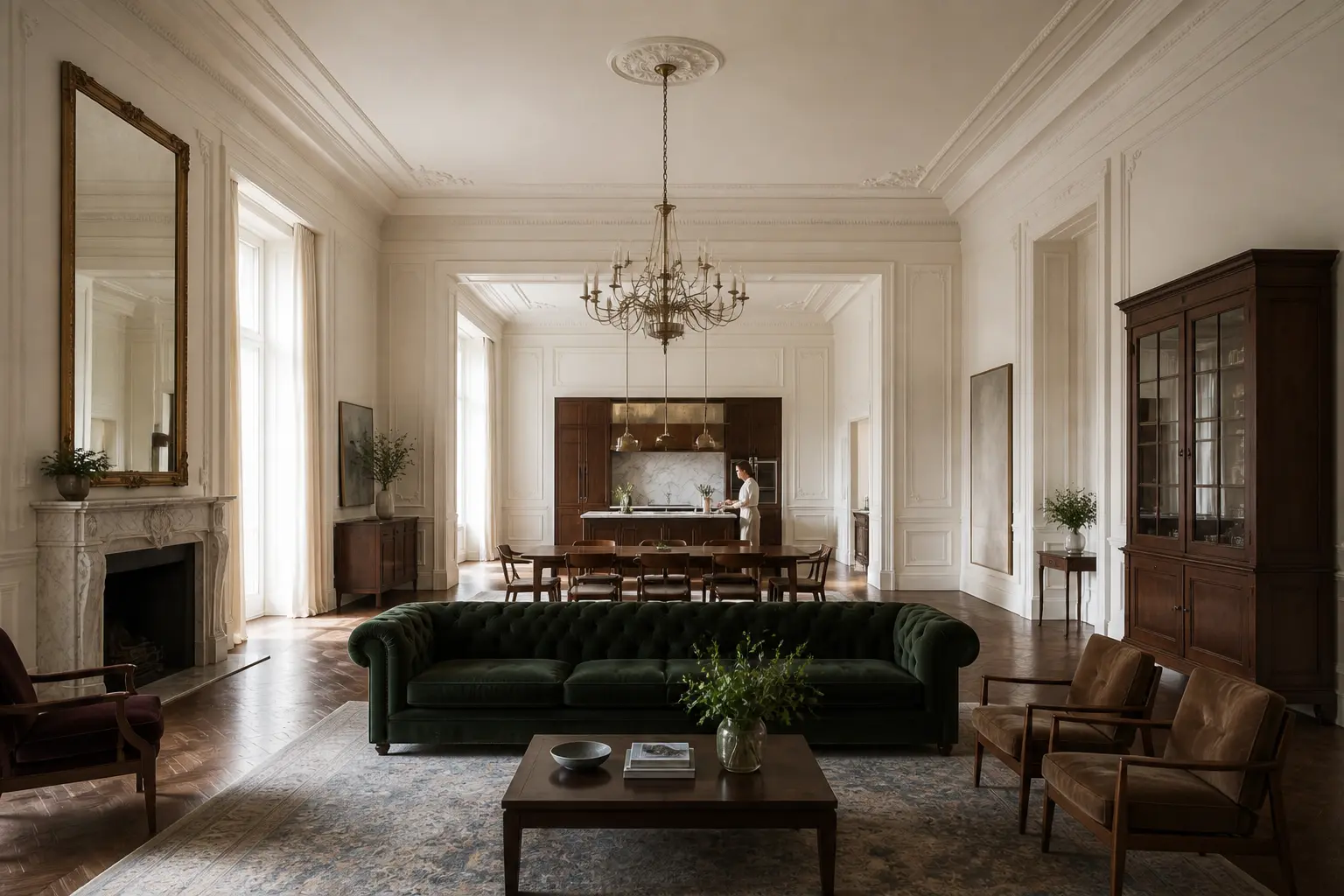 Grand vintage classic open-plan living room with green velvet sofa, marble fireplace, dining area, and a woman making coffee in the distant kitchen