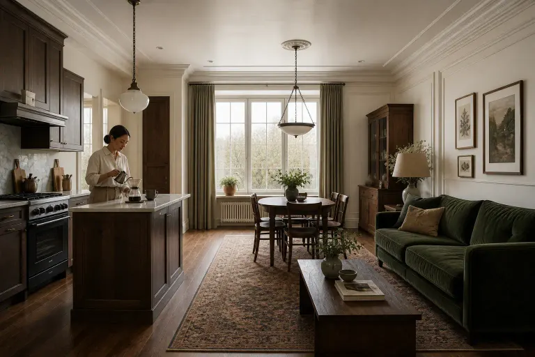 Vintage classic kitchen and dining room with dark wood cabinetry, green velvet sofa, patterned rug, and a woman making coffee in soft overcast light