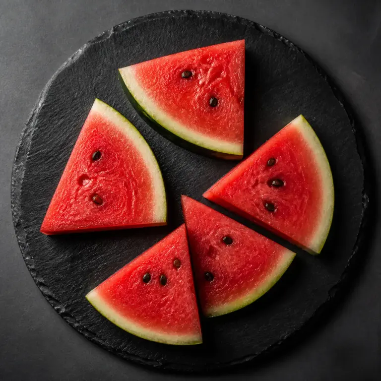 Fresh watermelon wedges with moist cut surfaces on a round black slate plate viewed directly from above