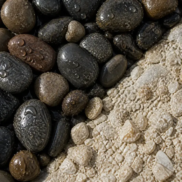 Extreme macro of wet rounded pebbles and water droplets meeting pale mineral sediment in raking light