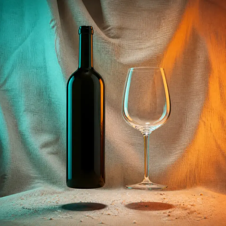 Unbranded dark wine bottle and clear wine glass levitating above beige linen under teal and orange gel lights