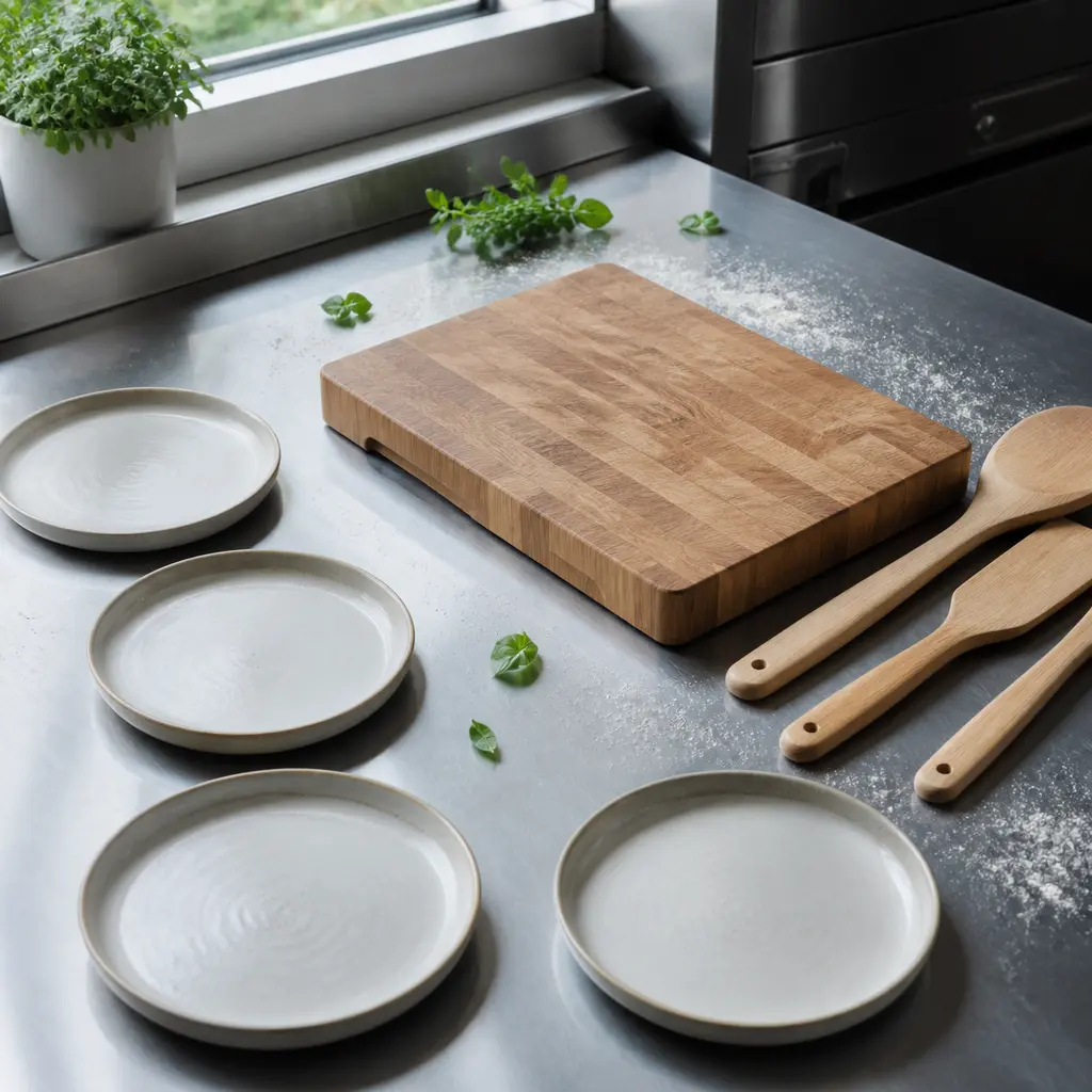 Wood cutting board, wooden tools, and ceramic plates on a stainless counter in cool morning light
