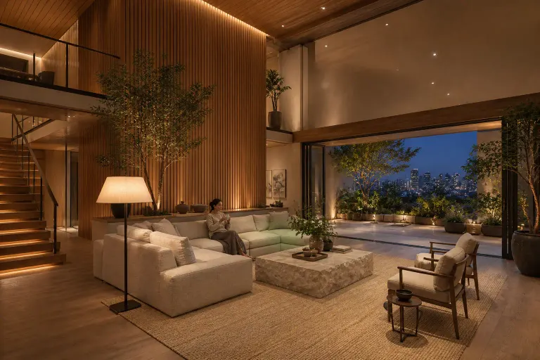 Double-height wood naturalist living room open to a night garden with a woman holding tea on the sofa