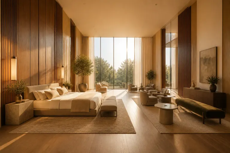 Unoccupied wood-tone naturalist hotel bedroom suite with oak panels, a separate lounge area, and golden-hour glazing