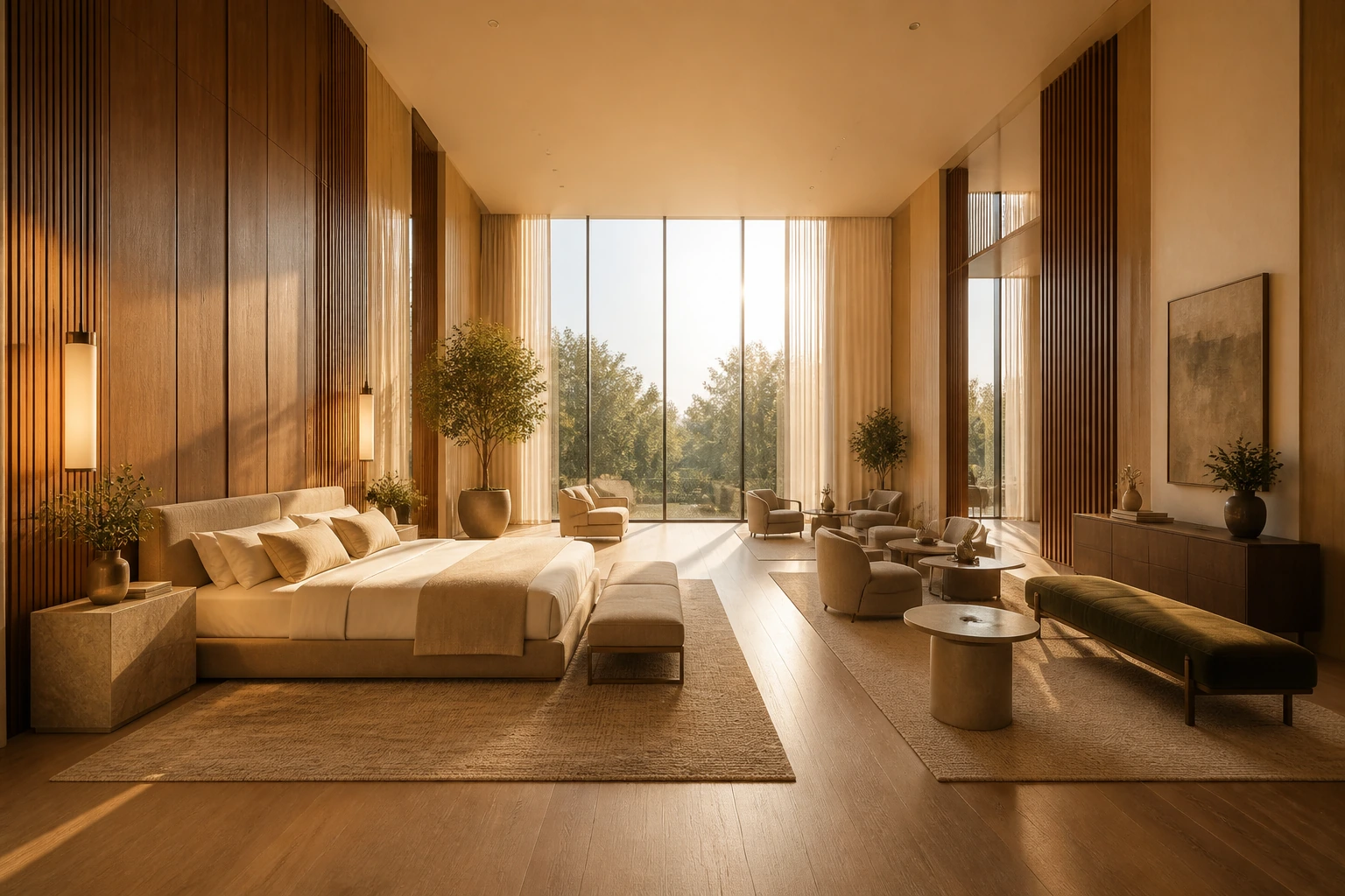 Unoccupied wood-tone naturalist hotel bedroom suite with oak panels, a separate lounge area, and golden-hour glazing